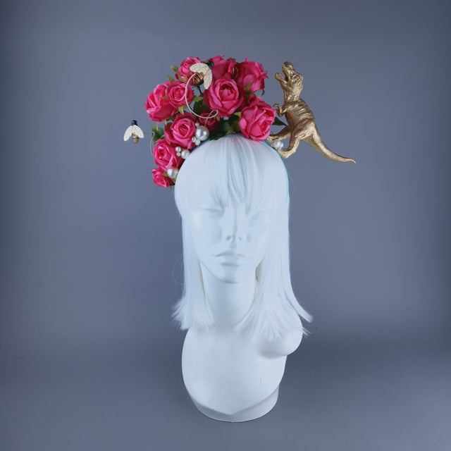 "Dainty" Dinosaur, Pearls & Pink Rose Headdress