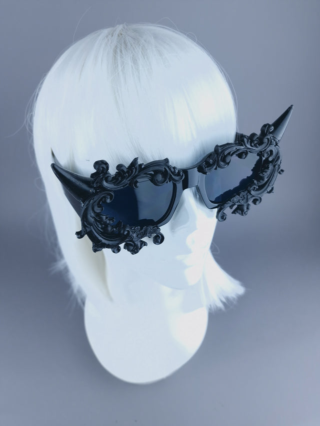 "Superbeast" Unisex Black Filigree Ornate Devil Horn Sunglasses