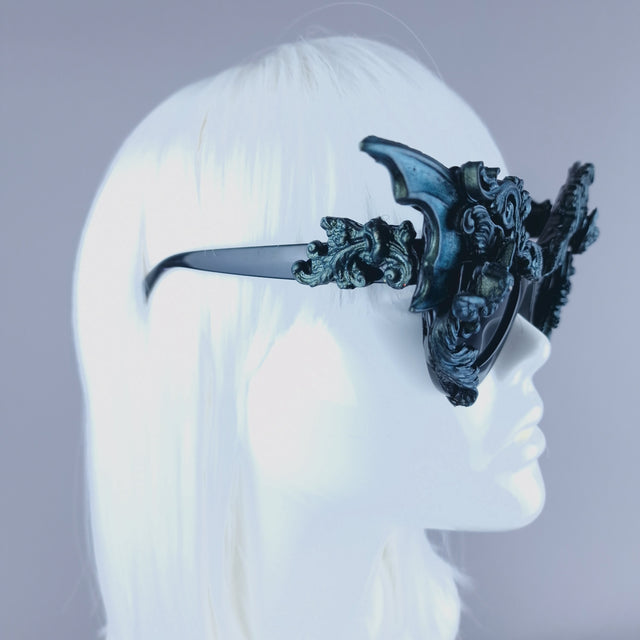 "Bathory" Iridescent Teal Filigree Ornate Bat Wing & Cherub Sunglasses