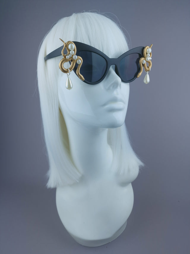 Pearls & Swine: Gold & Pearl Snake Black Sunglasses "Beguile"