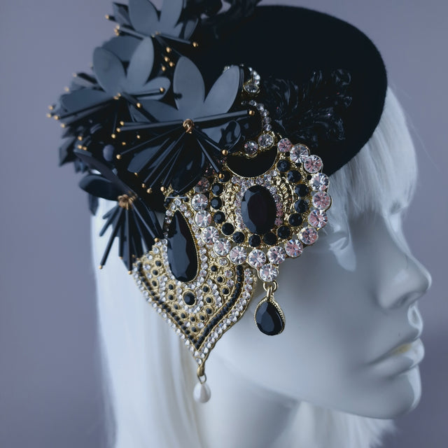 "Noir" Black Flower & Jewel Fascinator Hat