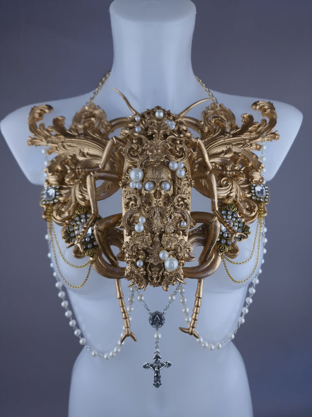 "Demonique" Gold Filigree Cockroach & Pearl Body Jewellery Harness
