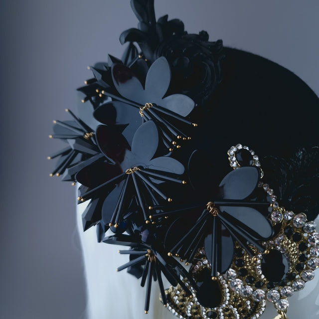 "Noir" Black Flower & Jewel Fascinator Hat