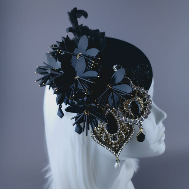 "Noir" Black Flower & Jewel Fascinator Hat