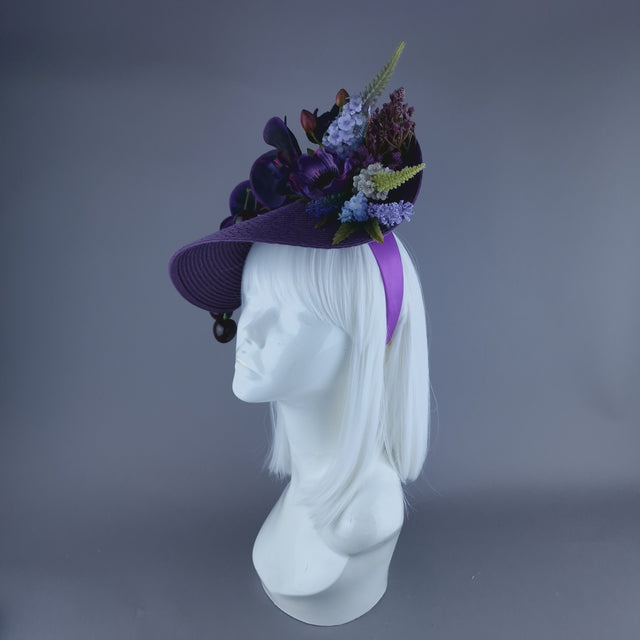 "Violet" Purple Orchid, Flowers & Cherry Fascinator Hat