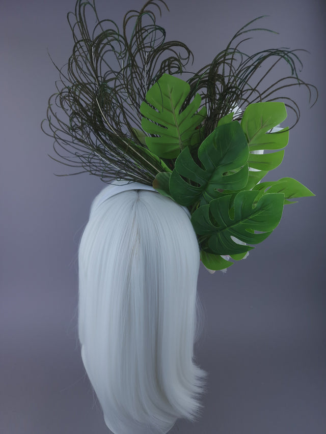Pearls & Swine: Maximalist White Orchid Floral Feather Headpiece with Parrot