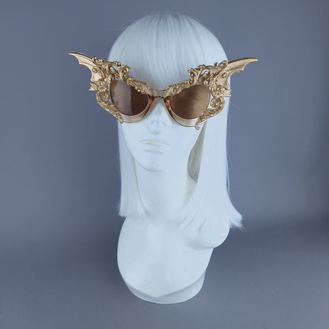 "Bathory" Gold Filigree Ornate Bat Wing & Cherub  Sunglasses