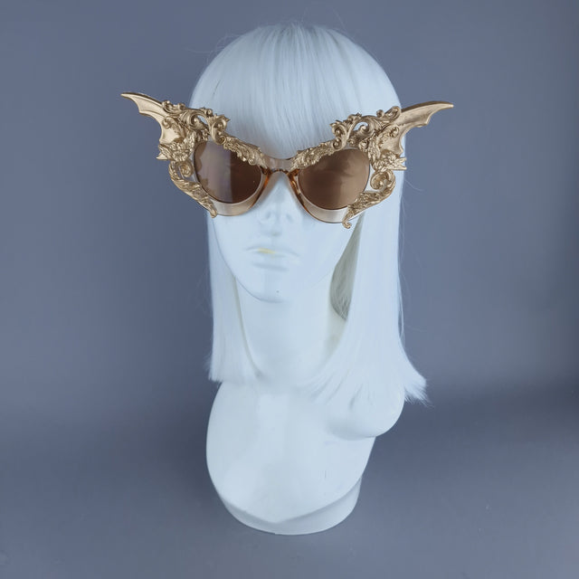 "Bathory" Gold Filigree Ornate Bat Wing & Cherub Sunglasses