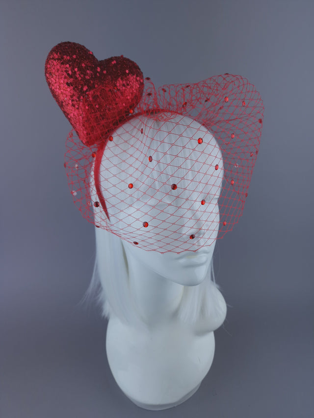"Diletta" Red Glitter Heart Veil Headdress