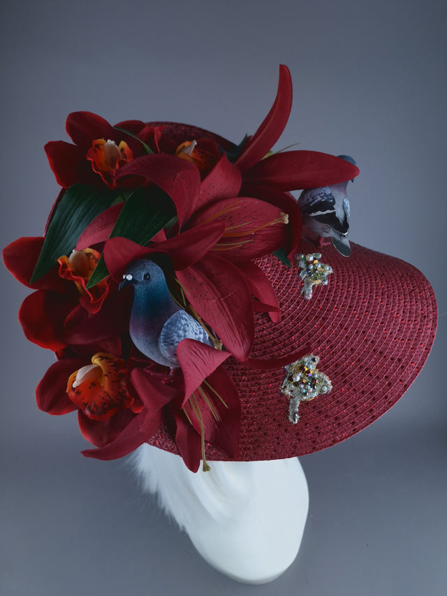 "Curses" Kitsch Glitter Pigeon Poop Red Fascinator Hat