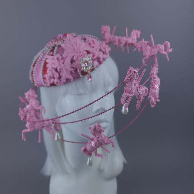 Pearls & Swine: Pink & Red Circus Carousel Wired Veil Hat "Cirque Forever"