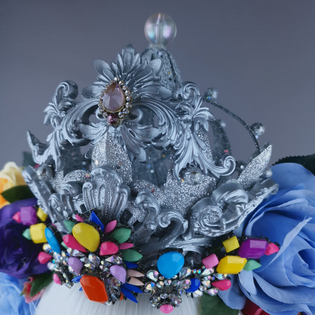 "Marie" Colourful Roses, Jewels & Silver Filigree Crown Headdress