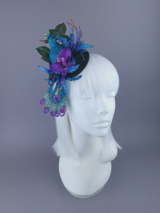 "Sumaru" Glittered Peacock & Flowers Mini Fascinator