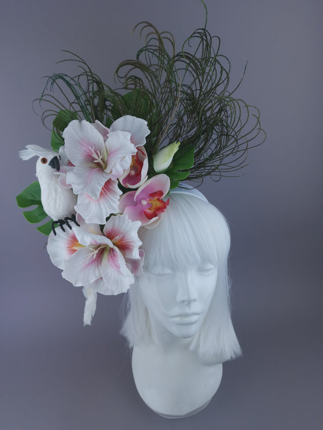 Pearls & Swine: Maximalist White Orchid Floral Feather Headpiece with Parrot