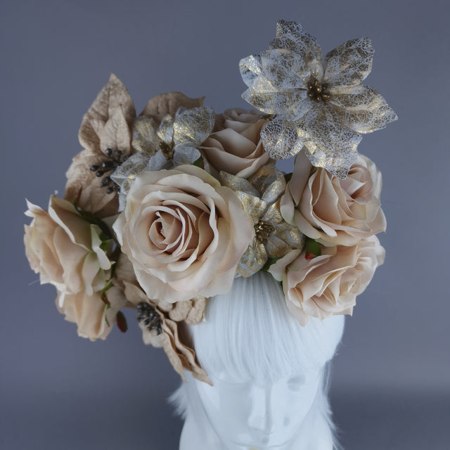 "Bernia" Beige & Gold Rose & Poinsettia Flower Headdress