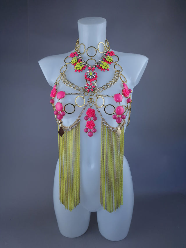 "Hermia" Neon Yellow & Pink Jewel & Chain Harness