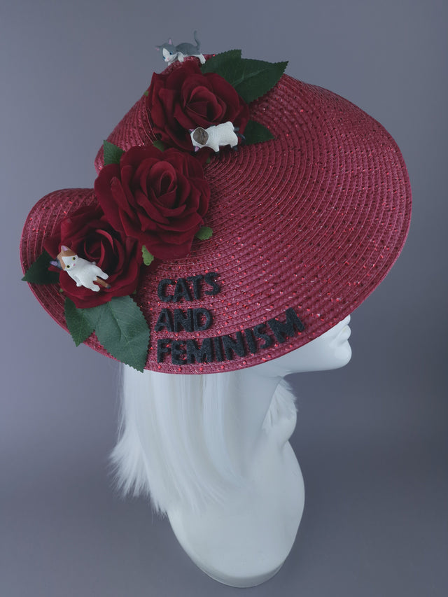 "Cats & Feminism" Red Roses & Kittens Vintage Inspired Hat
