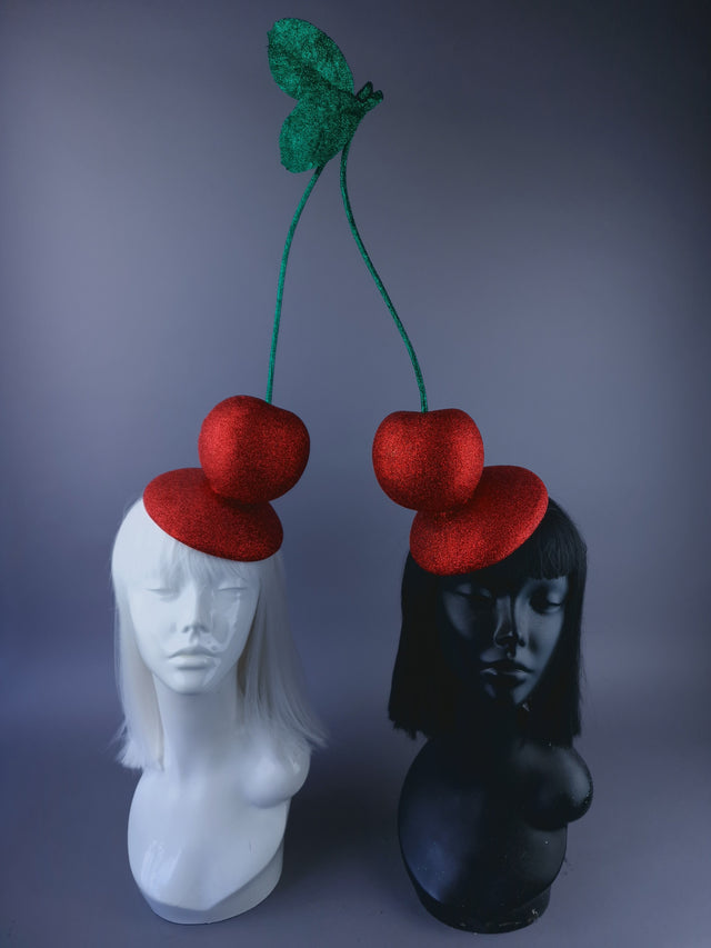 BESPOKE 2 x Giant Glitter Cherry Food Fascinator Hats & 2 Masks