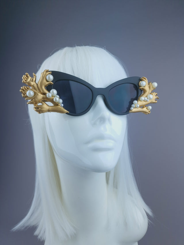 Pearls & Swine: Gold Hands & Pearl Black Sunglasses "Grip"