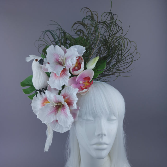 Pearls & Swine: Maximalist White Orchid Floral Feather Headpiece with Parrot