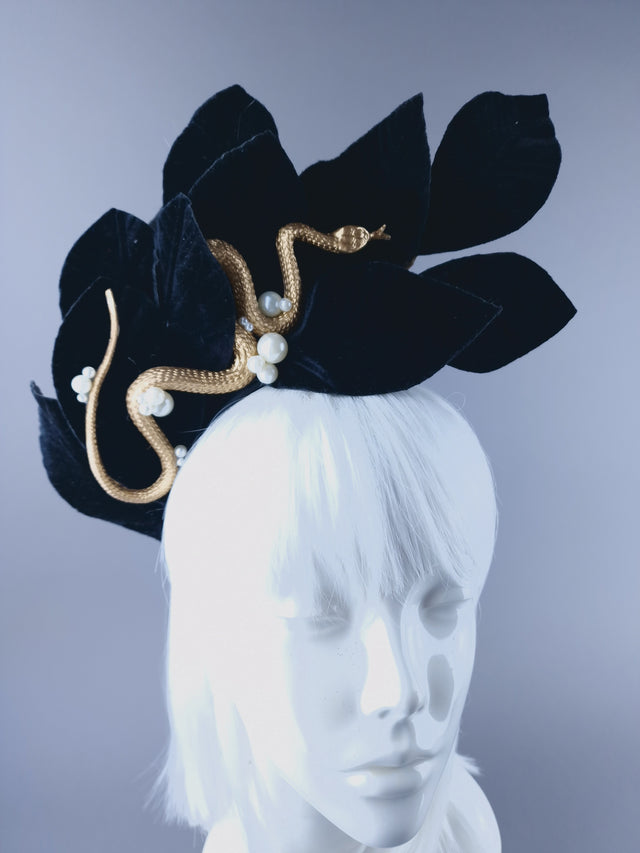 "Edenn" Black Velvet Leaf Gold Snake & Pearl Headdress