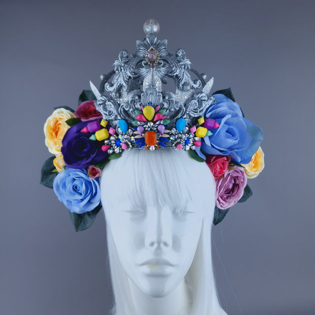 "Marie" Colourful Roses, Jewels & Silver Filigree Crown Headdress