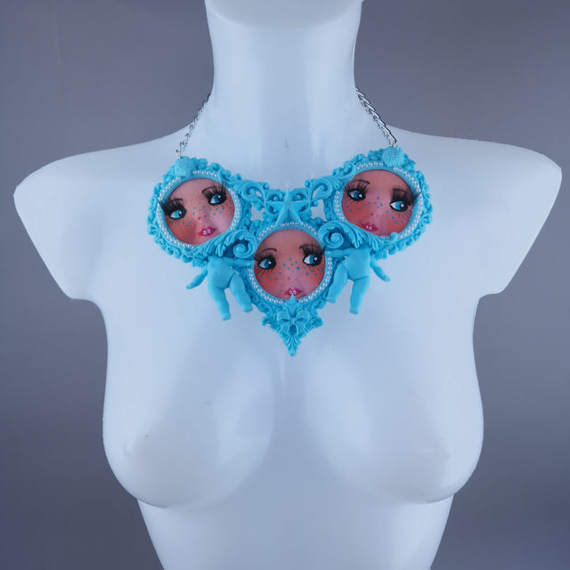 "Triple" Pastel Blue Dollface Filigree & Pearl Neckpiece