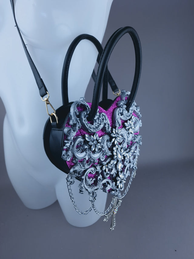 "Beltia" Silver Filigree & Pink Glitter Heart Shaped Handbag