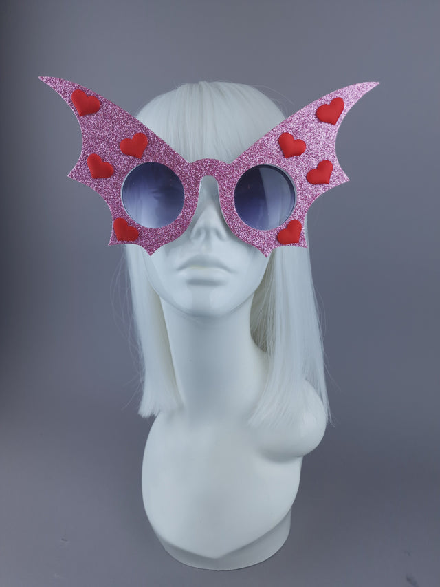 Peaeks & Swine: Pink Glitter & Red Heart Bat Wing Sunglasses "The Night Flier"