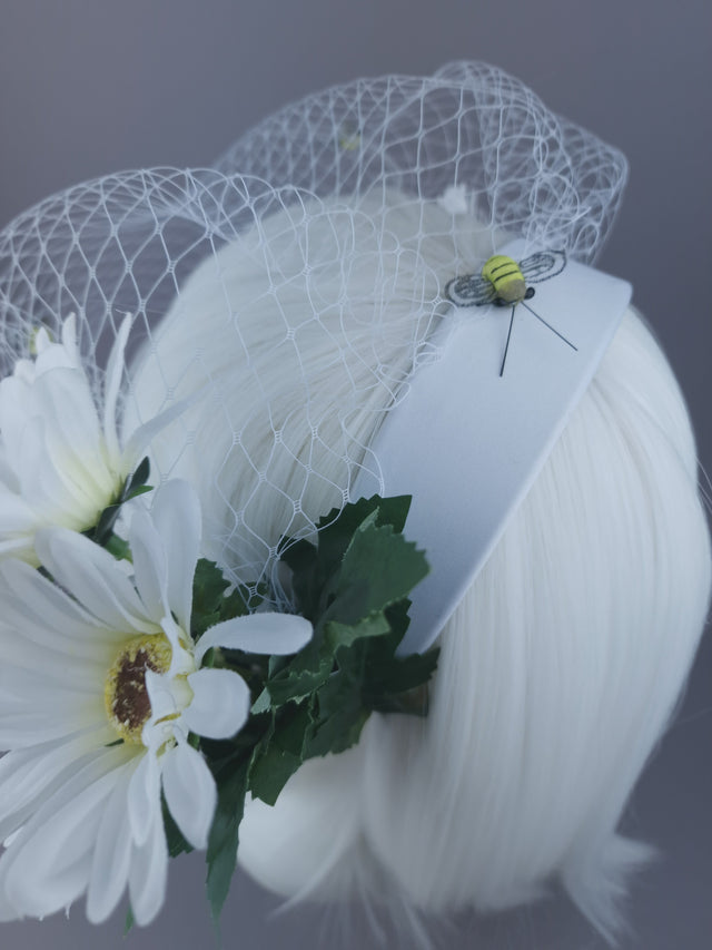 Pearls & Swine Veil Headpiece with White Daisies and Bee detail "Chapel"