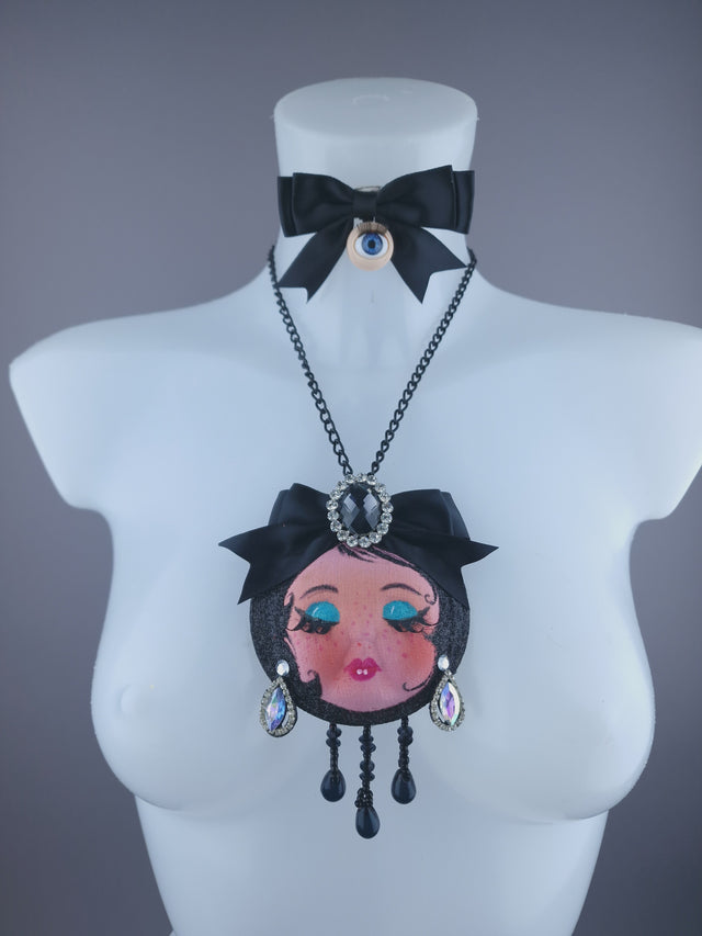 Dollface & Blinking Eye Necklace Brooch Jewellery
