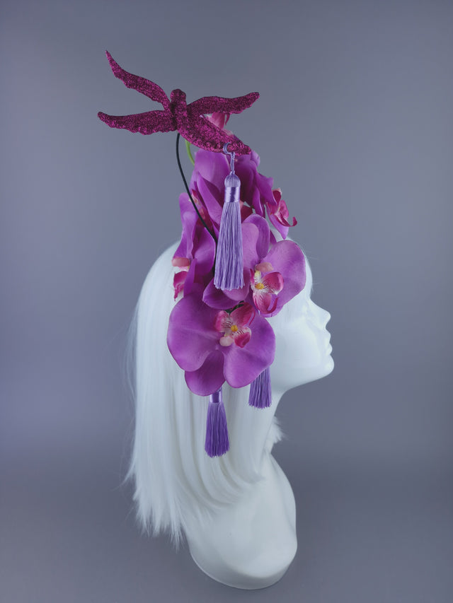"Lanfen" Pink Purple Orchid, Dragonfly & Tassel Headdress