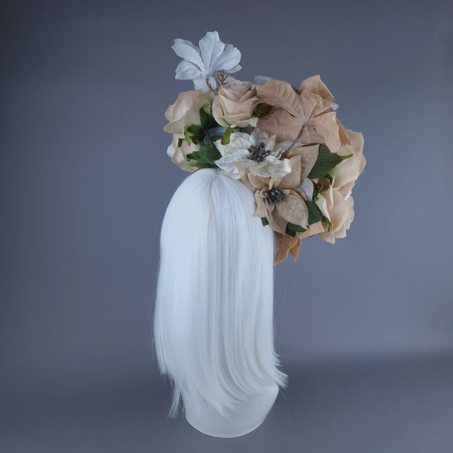 "Bernia" Beige & Gold Rose & Poinsettia Flower Headdress