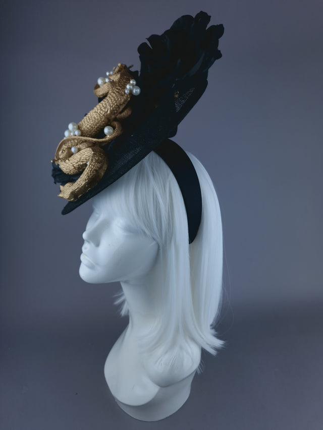 "Serpentt" Black Rose, Gold Snake & Pearl Fascinator Hat