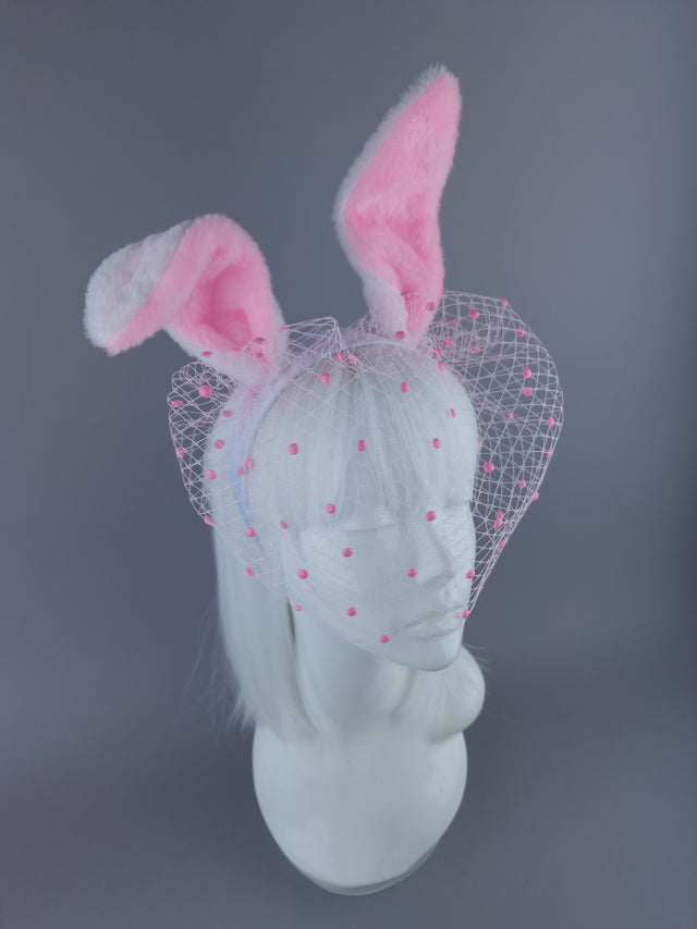 "Flopsy" Pink & White Bunny Ear Veil Headdress