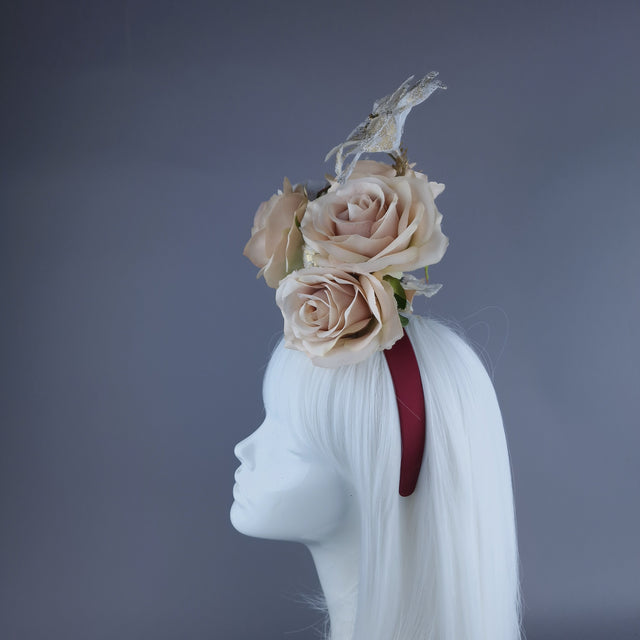 "Bernia" Beige & Gold Rose & Poinsettia Flower Headdress