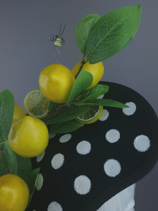 Pearls & Swine: Lemon & Bee Black & White Polka Dot Hat "Sweet & Sour"