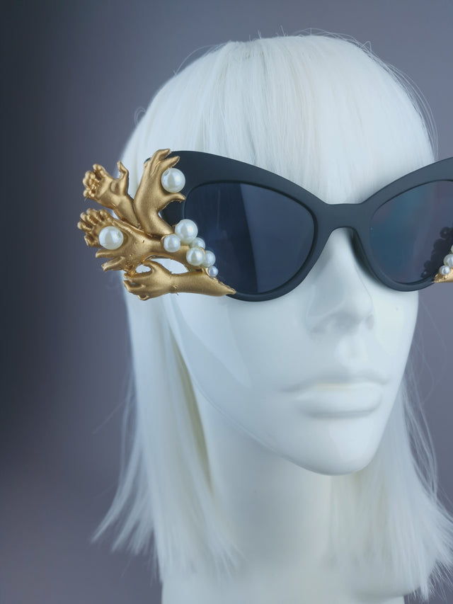 Pearls & Swine: Gold Hands & Pearl Black Sunglasses "Grip"