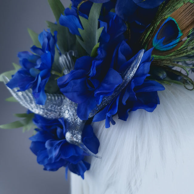 "Azraq" Blue Flower & Hummingbird Headdress