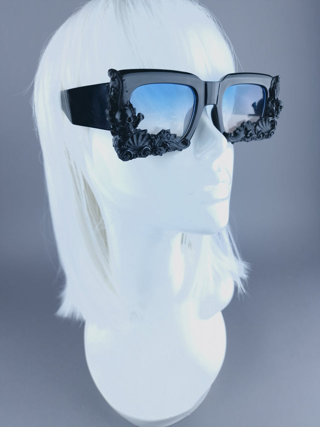 "Poe" Unisex Black Filigree Skull Sunglasses