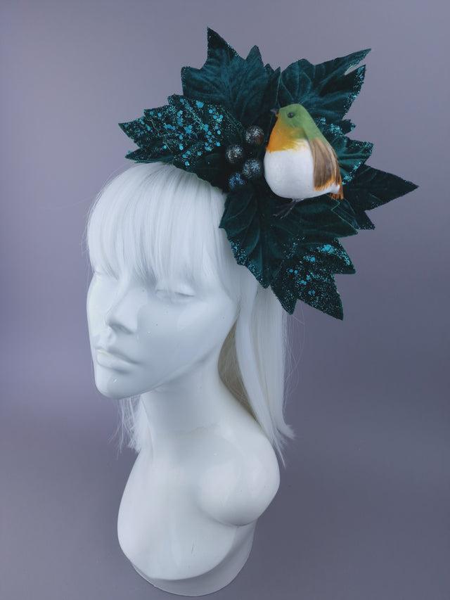 Large Velvet Poinsettia & Robin Xmas Headdress