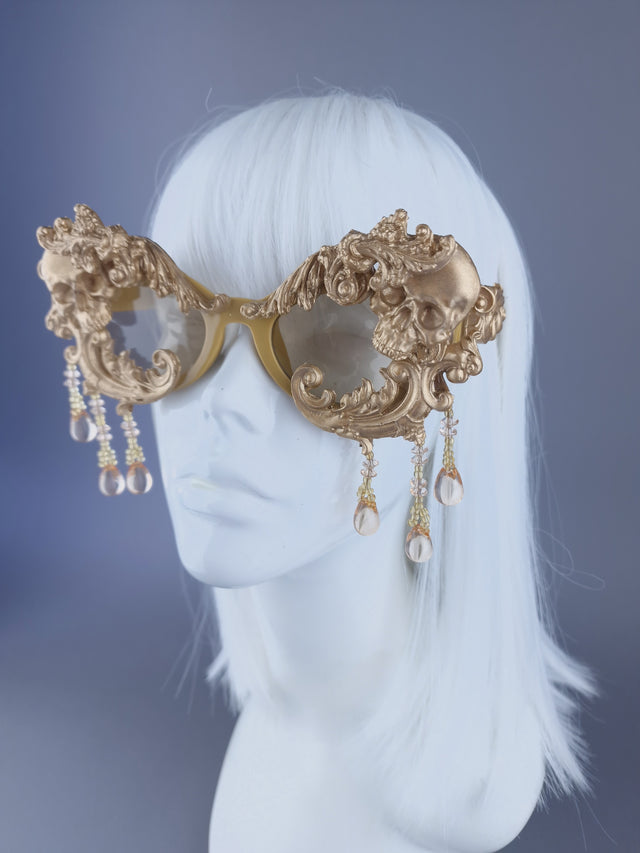 Pearls & Swine Gold Filigree Cat Eye Sunglasses with Skull and Beading "D'or"