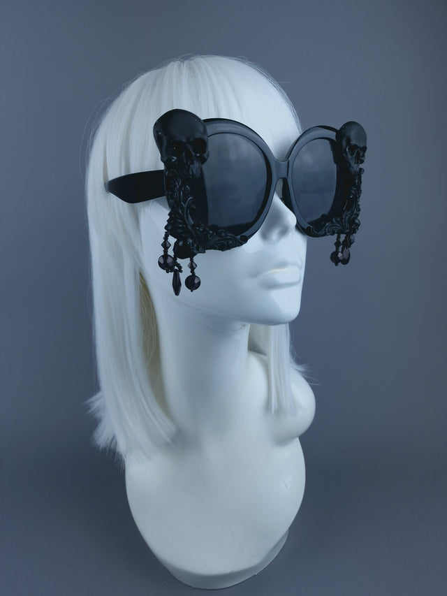 Pearls & Swine: Black Skull Oversized Sunglasses with Filigree & Beading "Keres"