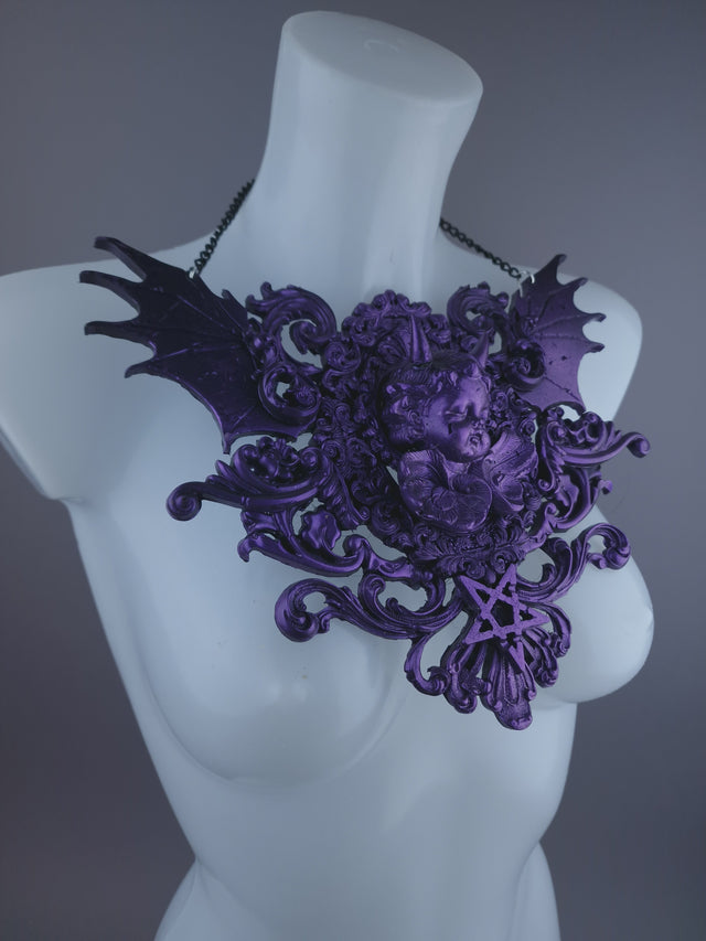 "La chérie de Lucifer" Purple Cherub & Filigree Neckpiece