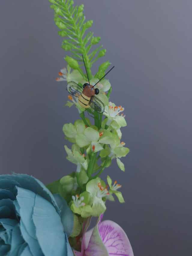 Pearls & Swine: Maximalist Floral Horn Headpiece with Bees "Fae"