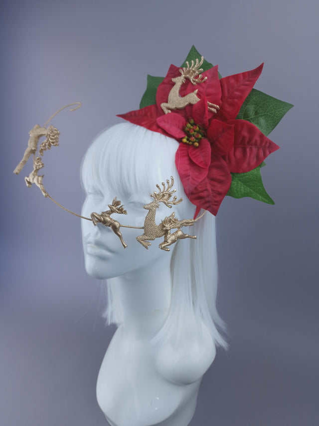 Red Poinsettia & Reindeer Xmas Headdress