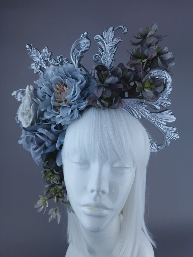 "Isis" Grey & Silver Filigree & Flower Headdress