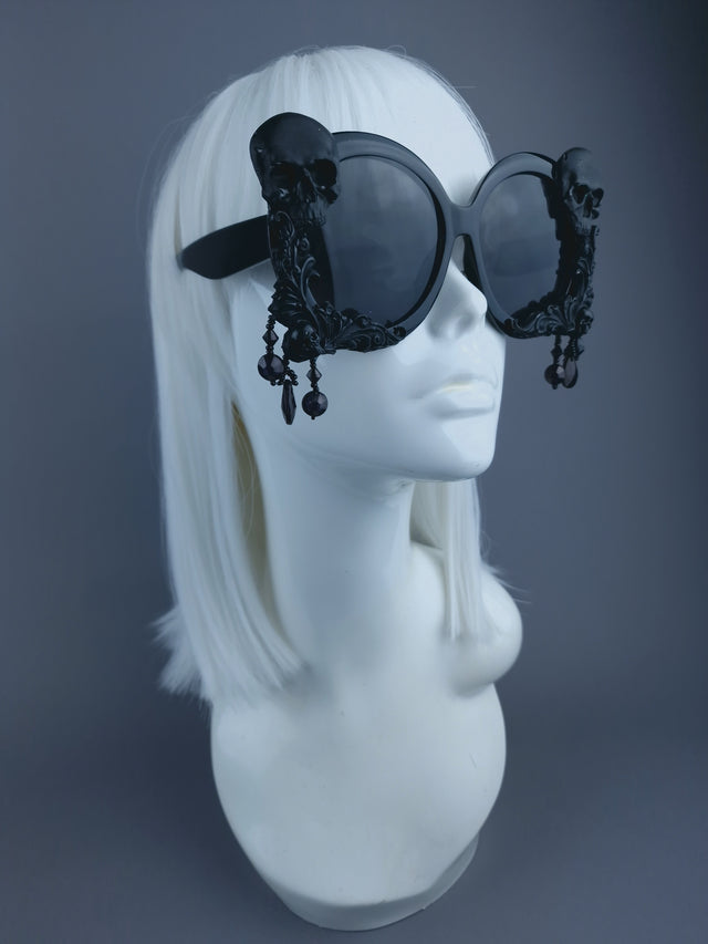 Pearls & Swine: Black Skull Oversized Sunglasses with Filigree & Beading "Keres"