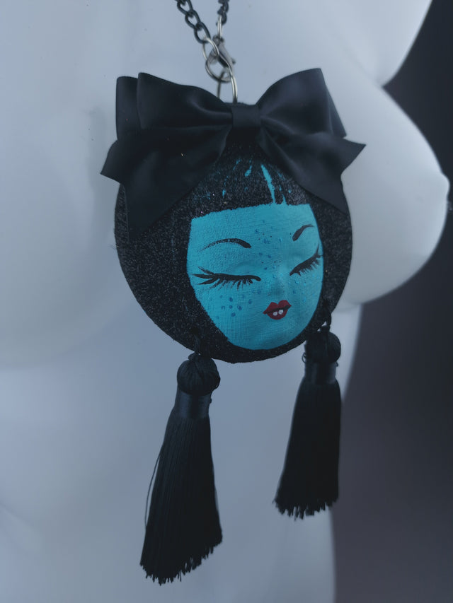 Blue Dollface & Blinking Eye Necklace Brooch Jewellery