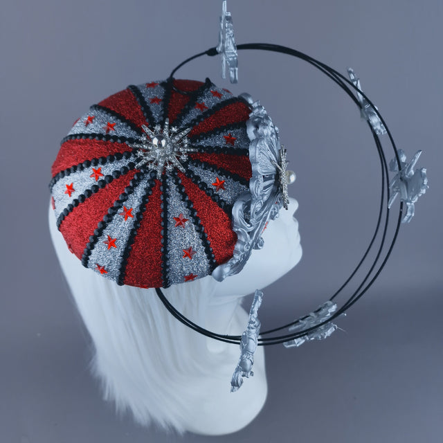 "Cirque Forever" Black, Silver & Red Circus Carousel Wired Veil Hat